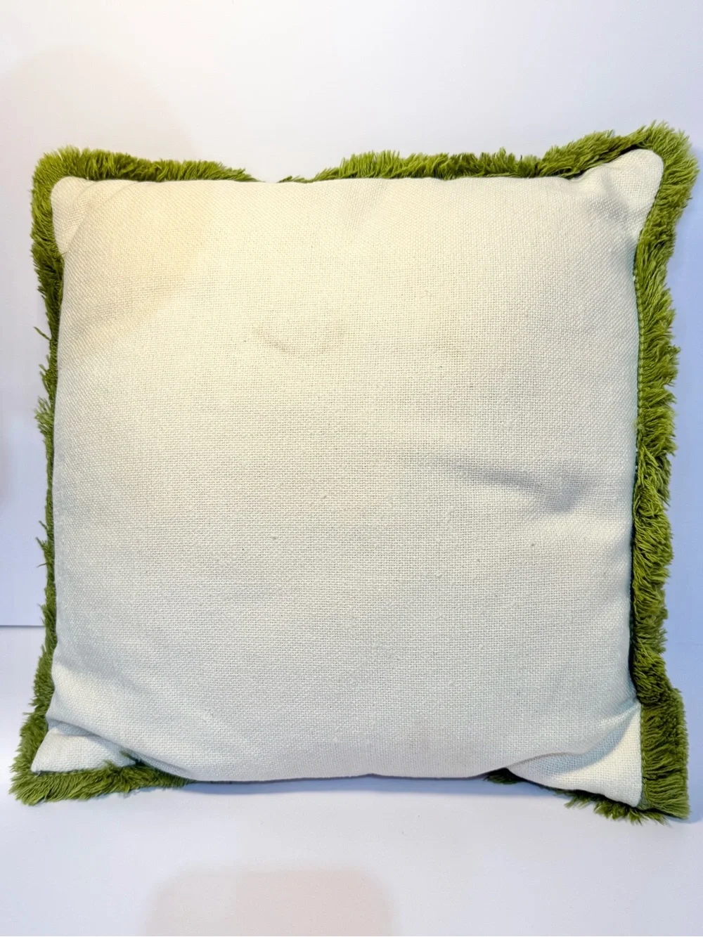 Crewel Embroidered Floral Throw Pillow Avocado Green Fringe Boho 70’s